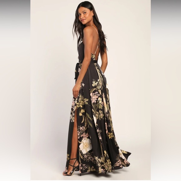 LuLus Still the One Black Floral Print Satin Maxi Dress - Picture 2 of 7